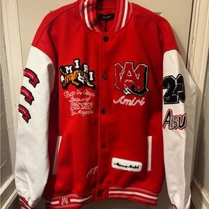 AMIRI Red and White Embroidered Varsity Jacket